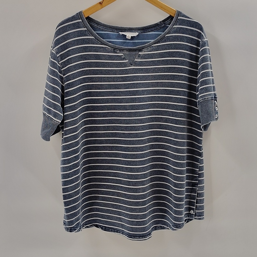 JANE + DELANCEY Blue White Stripe Short Sleeve Button Detail Top Size XL